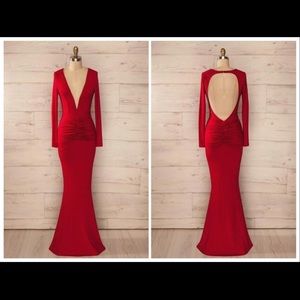 Red floor length gown deep v cut out keyhole back